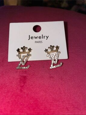 Gold and Crystal Crown Logo Stud Earrings -